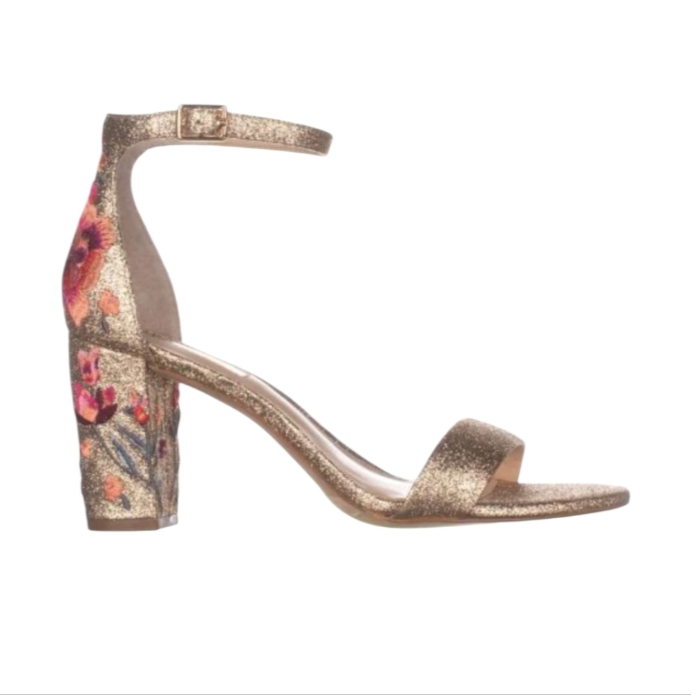 INC International Concepts Gold Glitter Floral Embroidered Block Heel Sandals